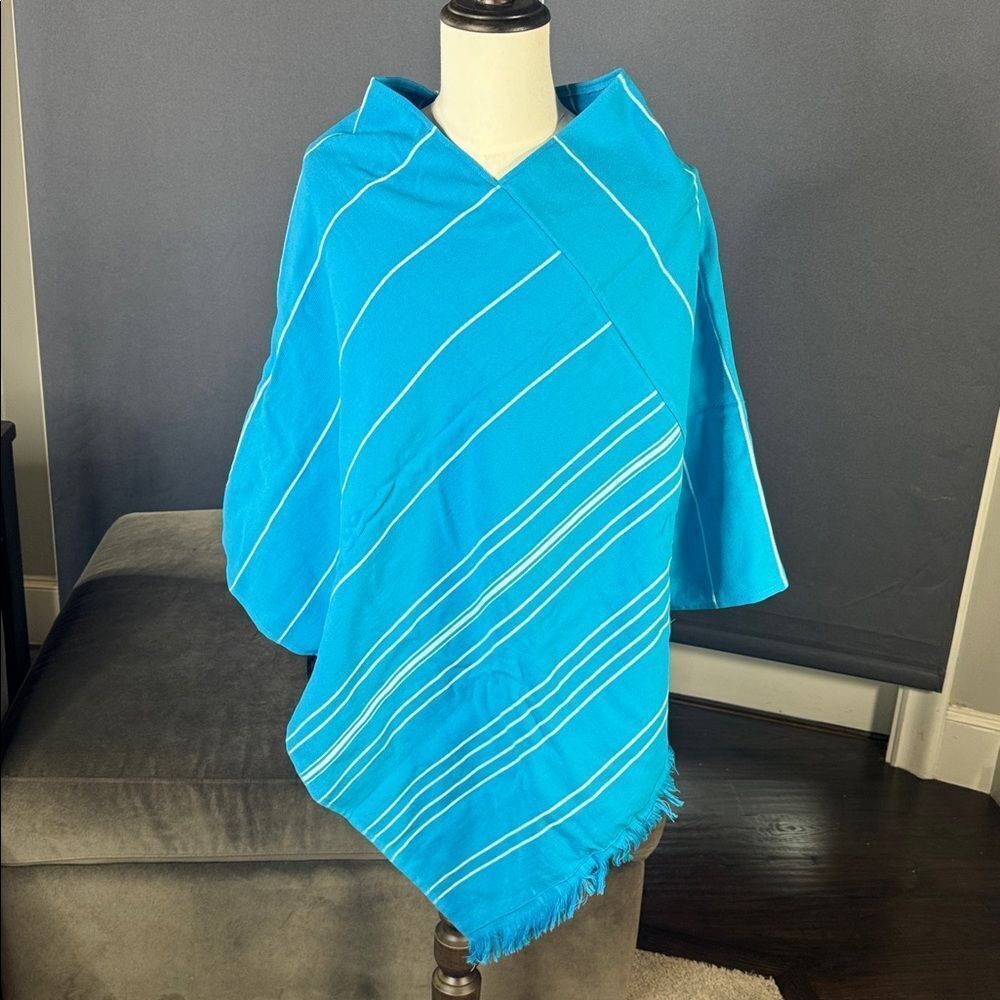 Adult Unisex Blue Striped Poncho Towel & Headband 100% Cotton Turkish Robe NEW